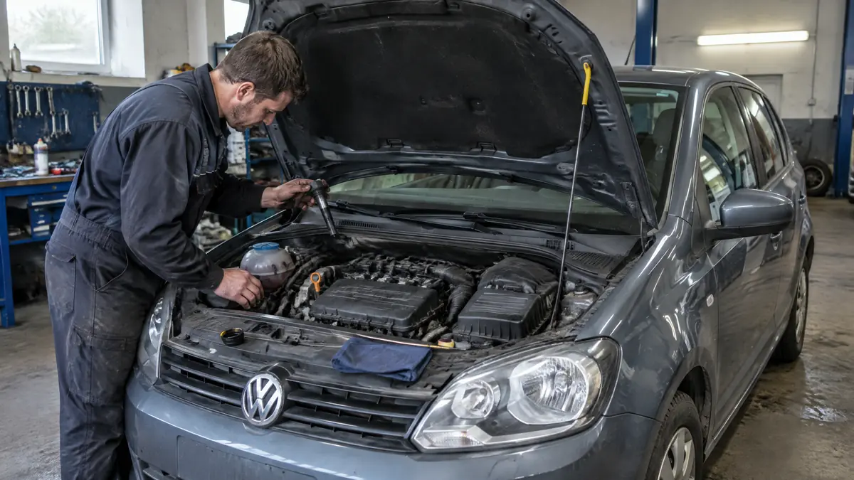 VW 1.0 MPI Benzinmotor im Motorraum einer Werkstatt