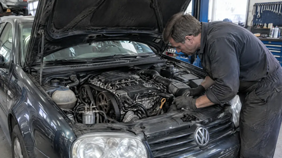 1.9 TDI Dieselmotor im Motorraum eines Volkswagen