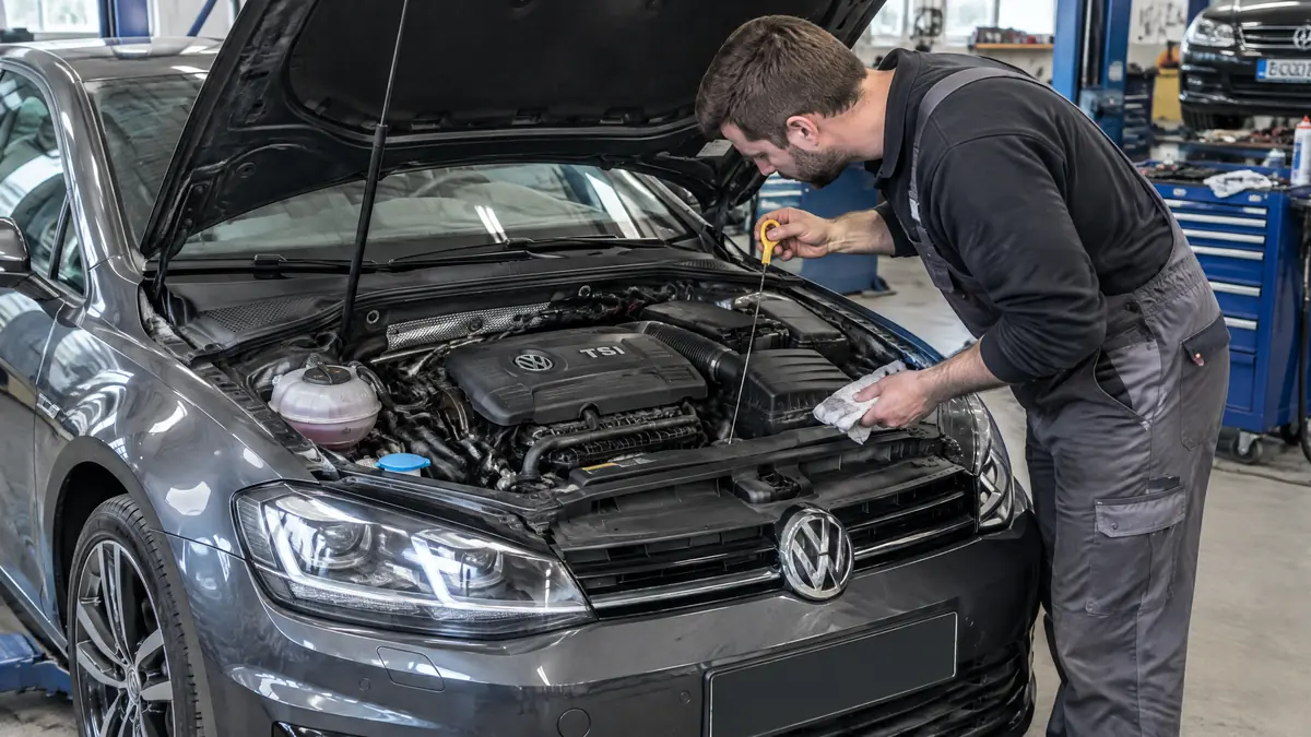 VW 1.4 TSI Motorraum mit Prüfpunkten für Kette, Turbo und Kühlung