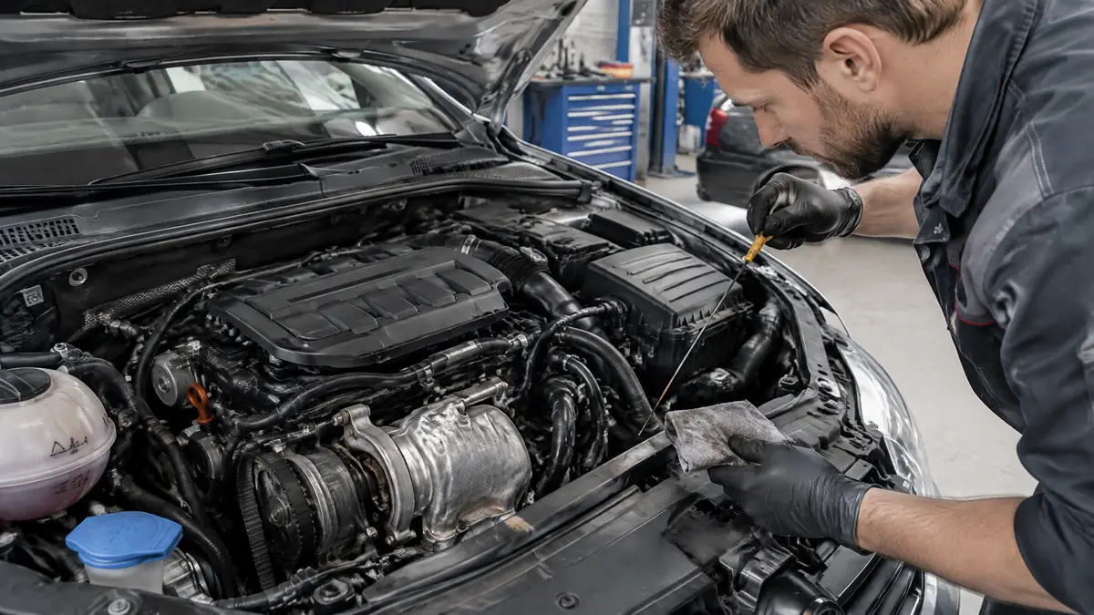 Mechaniker prüft einen 2.0 TSI Motor im Volkswagen