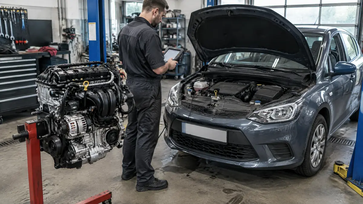 Mechaniker prüft einen kompakten Dreizylinder-Benzinmotor im Motorraum