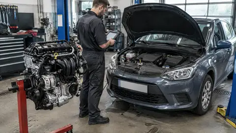 Mechaniker prüft einen kompakten Dreizylinder-Benzinmotor im Motorraum