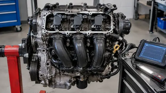 Dreizylinder-Motor bei der Prüfung in einer Werkstatt