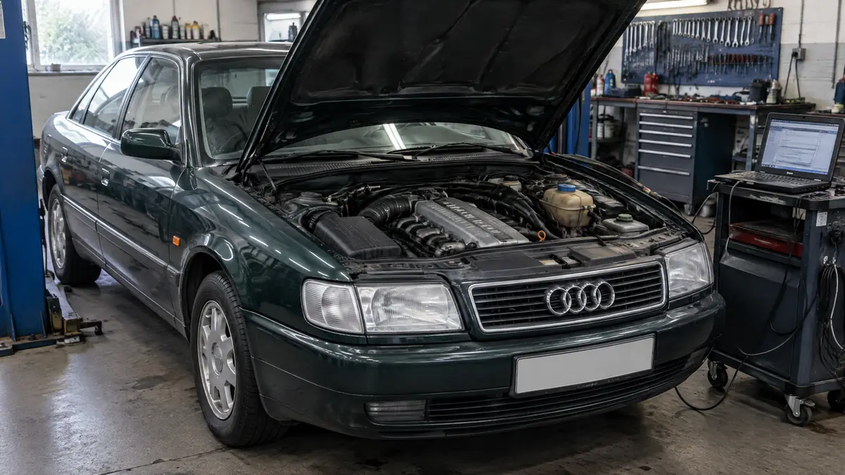 Audi 100 2.3 E mit geöffneter Motorhaube und Diagnose am Fünfzylinder