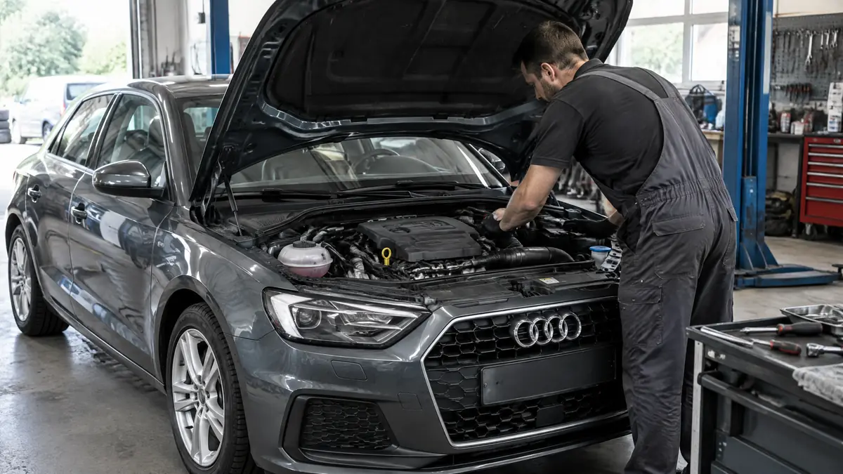 Audi 3-Zylinder-TFSI-Motor in einer Werkstatt