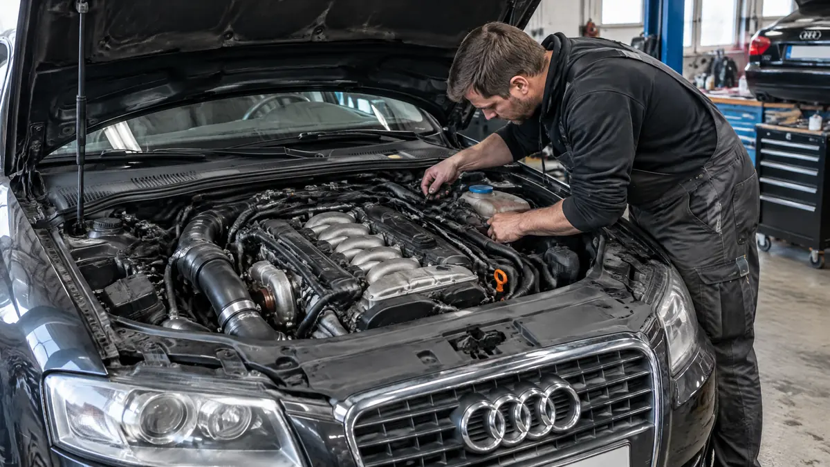 Audi Fünfzylinder bei der Motorprüfung in einer Werkstatt