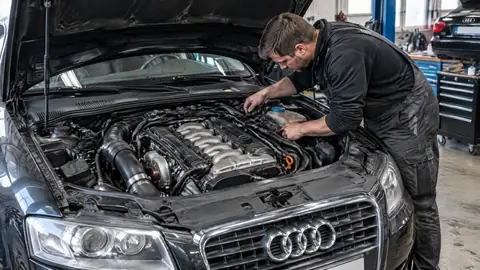 Audi Fünfzylinder bei der Motorprüfung in einer Werkstatt