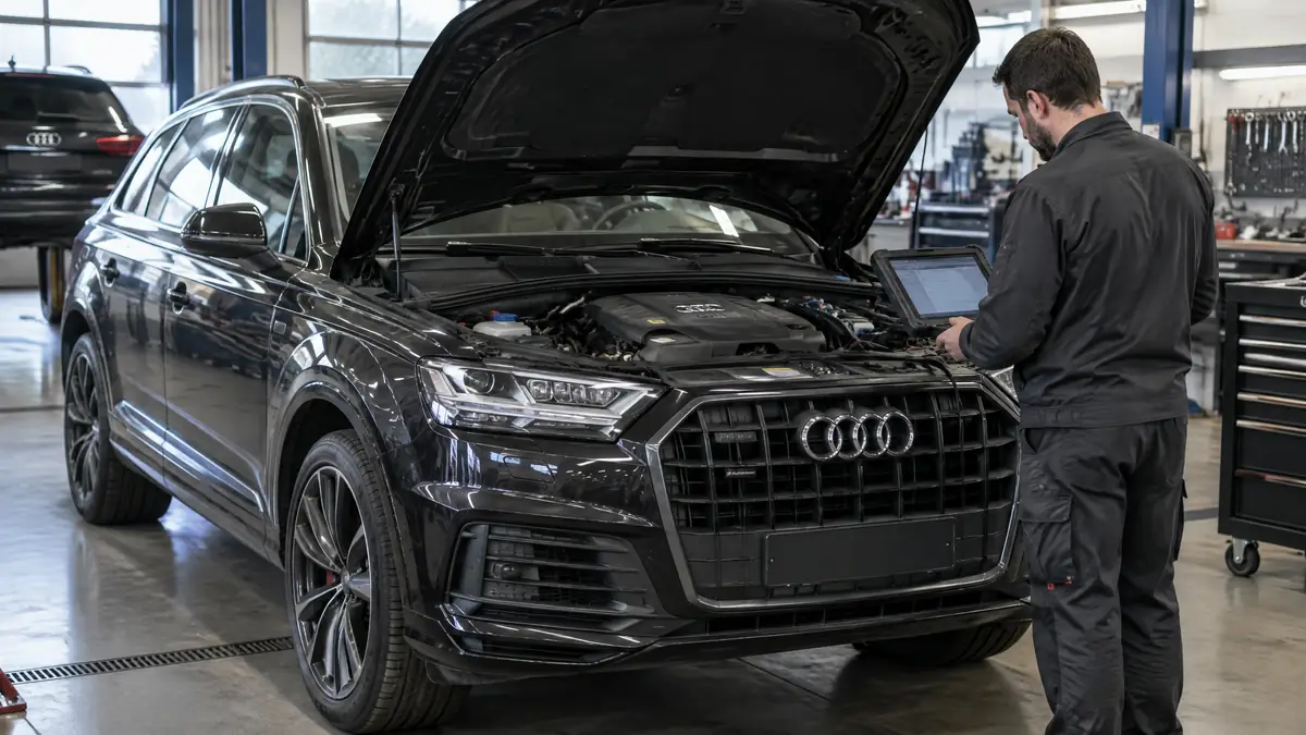 Audi Q7 mit Motorschaden bei der Prüfung in einer Werkstatt