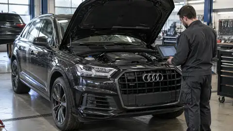 Audi Q7 mit Motorschaden bei der Prüfung in einer Werkstatt