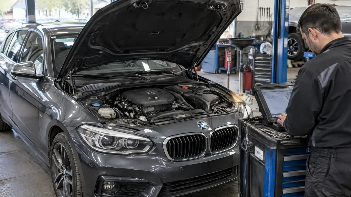 BMW 1,5-Liter-Dreizylinder bei der Diagnose in einer Werkstatt