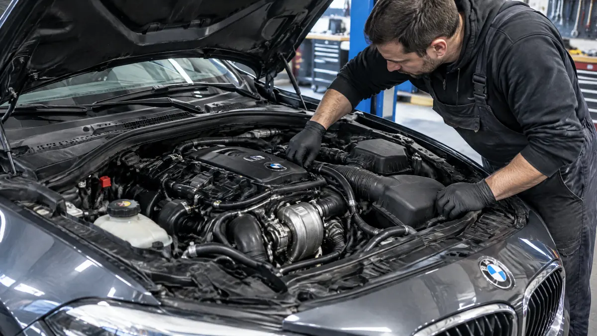 BMW Dreizylindermotor B38 oder B37 bei einer Prüfung in der Werkstatt