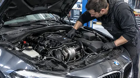 BMW Dreizylindermotor B38 oder B37 bei einer Prüfung in der Werkstatt