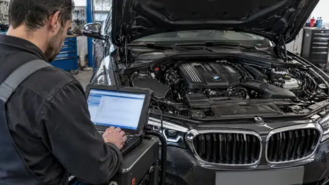 BMW Vierzylinder-Motor in einem Fahrzeug bei der technischen Prüfung
