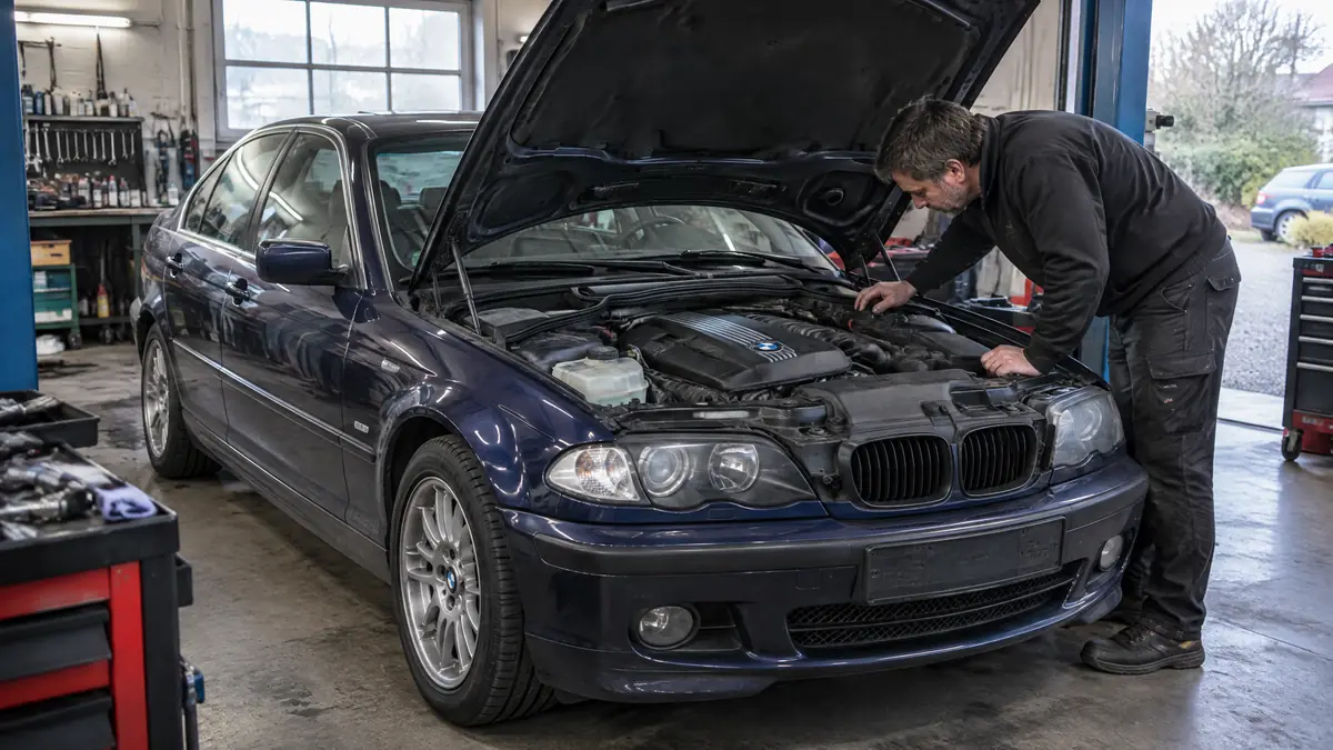 BMW E46 Sechszylinder auf einer Hebebühne bei der technischen Prüfung