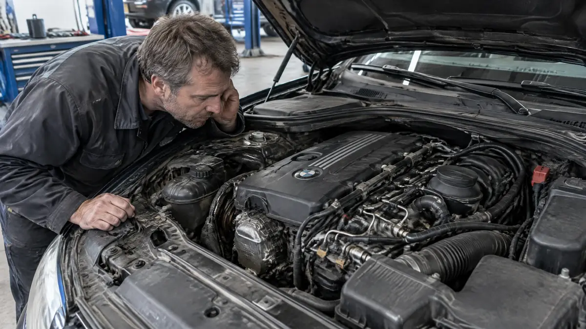 BMW N47 Dieselmotor in einem geöffneten Motorraum mit sichtbarem Steuerkettenbereich