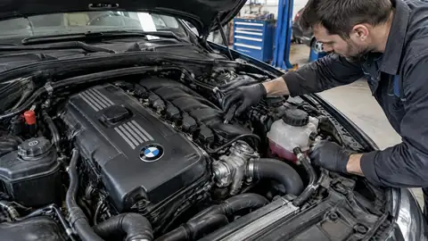 Geöffneter Motorraum eines BMW mit Blick auf den N52-Reihensechszylinder und sichtbare Wartungspunkte