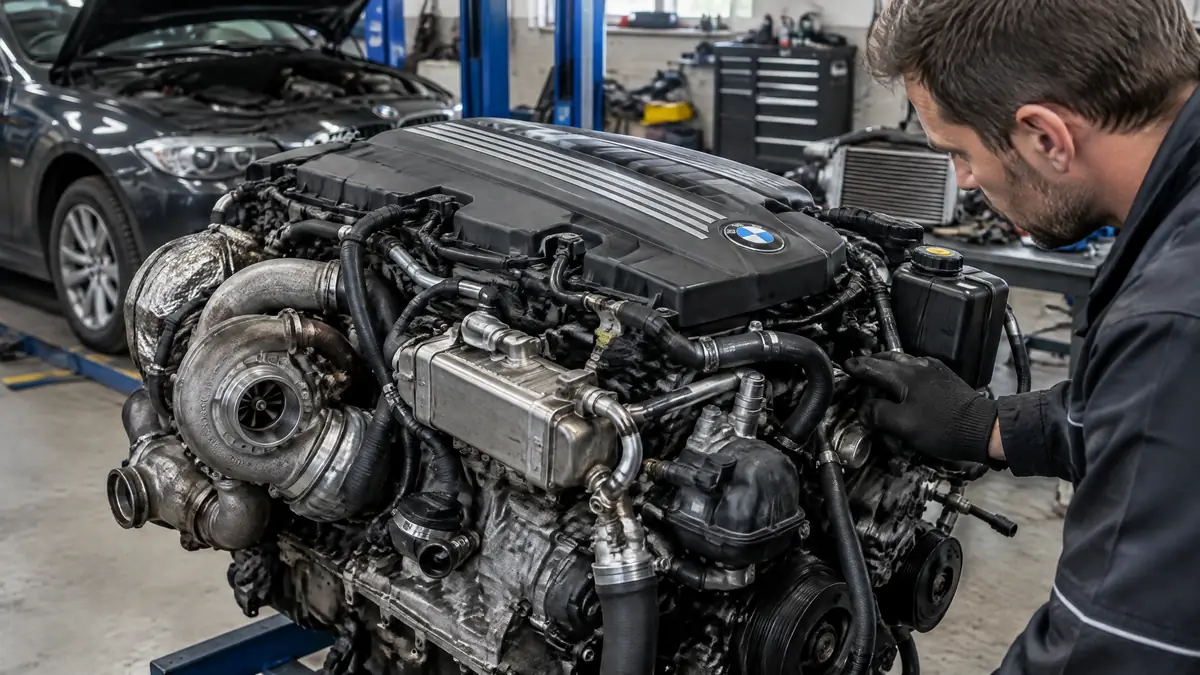 Mechaniker prüft den BMW N57 Dieselmotor im Motorraum eines BMW