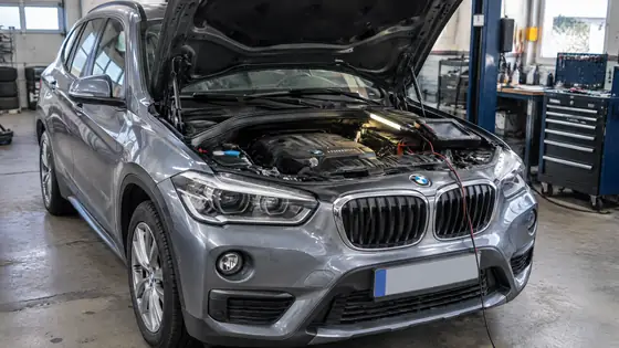BMW X1 mit geöffneter Motorhaube und Diagnosegerät