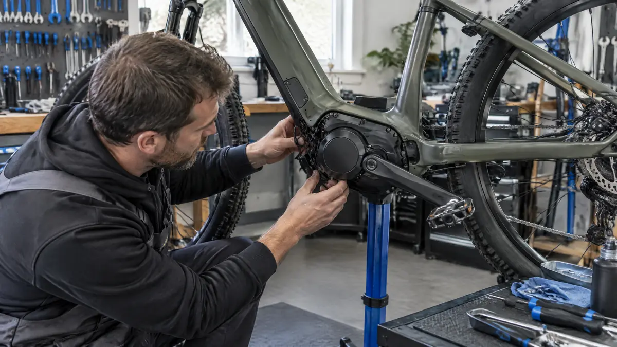 Mechaniker prüft den Brose-Mittelmotor eines E-Bikes auf Fehler und lose Steckverbindungen