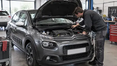 Citroën-Dreizylinder mit sichtbarem Zahnriemenbereich bei der Motorprüfung