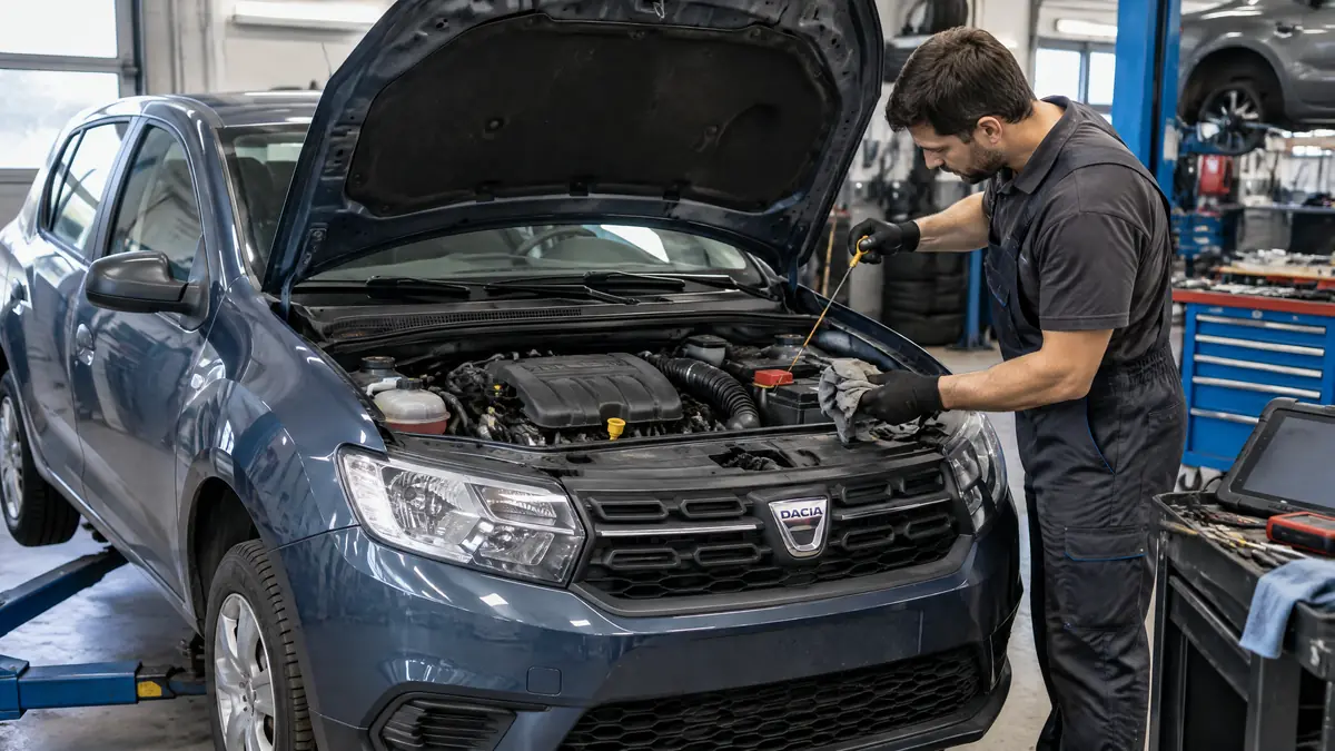 Dacia Sandero vor einer Werkstatt mit geöffneter Motorhaube