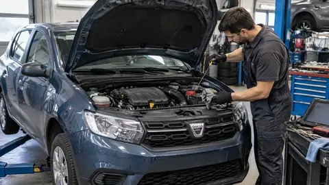 Dacia Sandero vor einer Werkstatt mit geöffneter Motorhaube