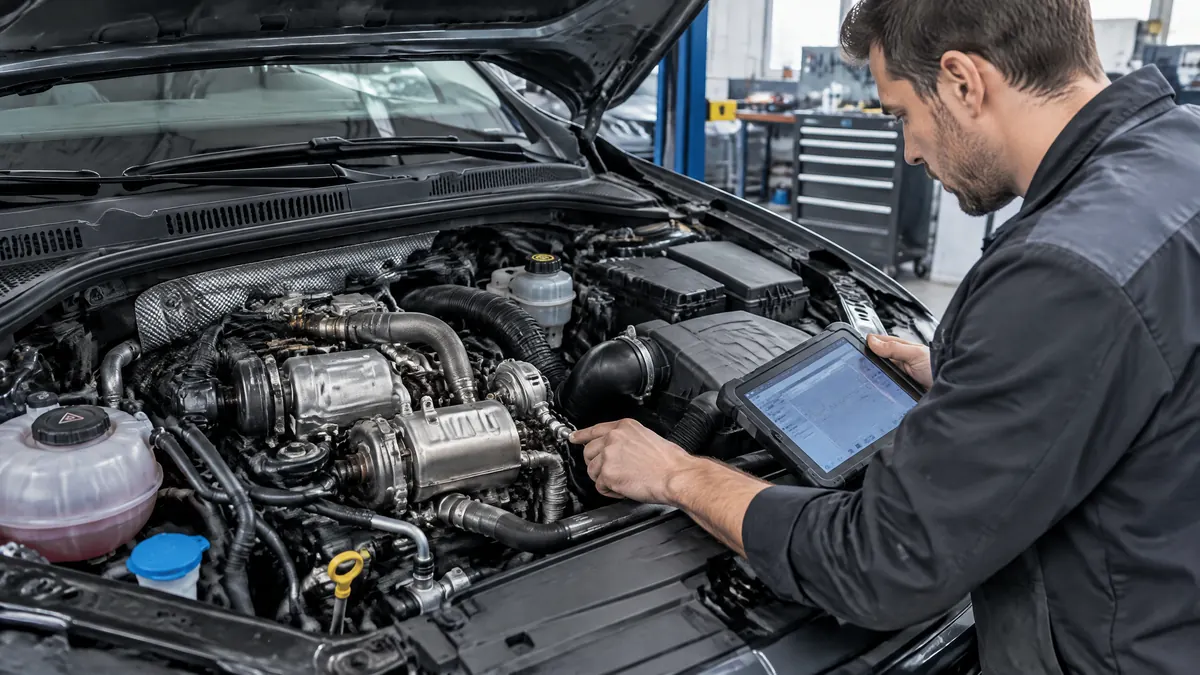 Mechaniker prüft einen modernen DFHA-Dieselmotor in der Werkstatt