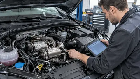 Mechaniker prüft einen modernen DFHA-Dieselmotor in der Werkstatt