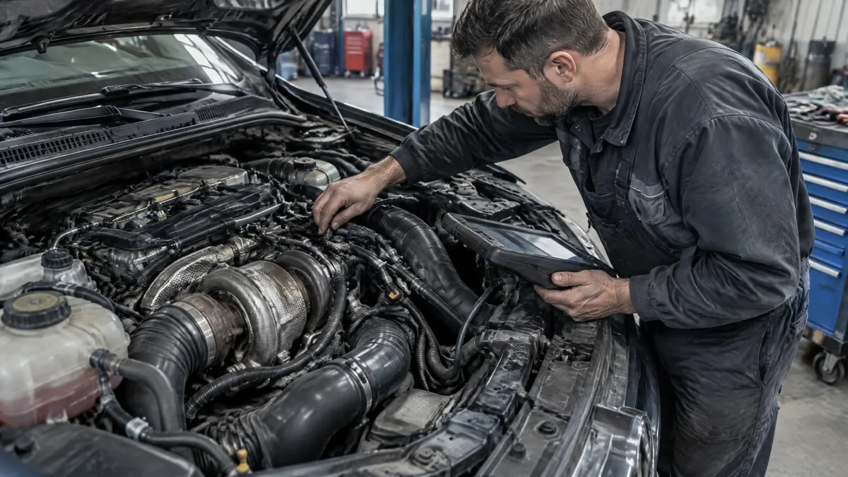 Mechaniker prüft einen Motor auf DTUA Motor Probleme