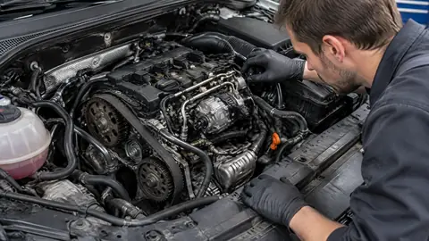 EA113 TFSI-Motor in einer Werkstatt bei der Prüfung von Zahnriemen und Hochdruckpumpe