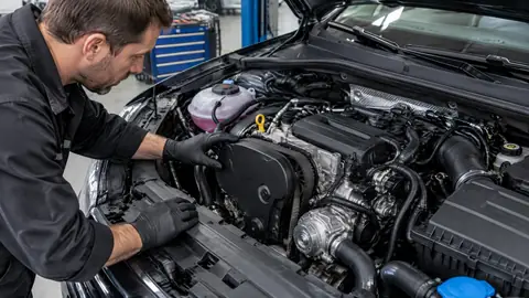 Mechaniker prüft einen EA211-Benzinmotor in der Werkstatt