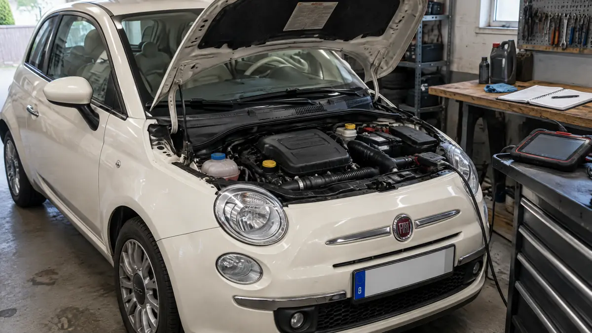 Fiat 500 TwinAir bei Öl- und Motorprüfung in einer Werkstatt