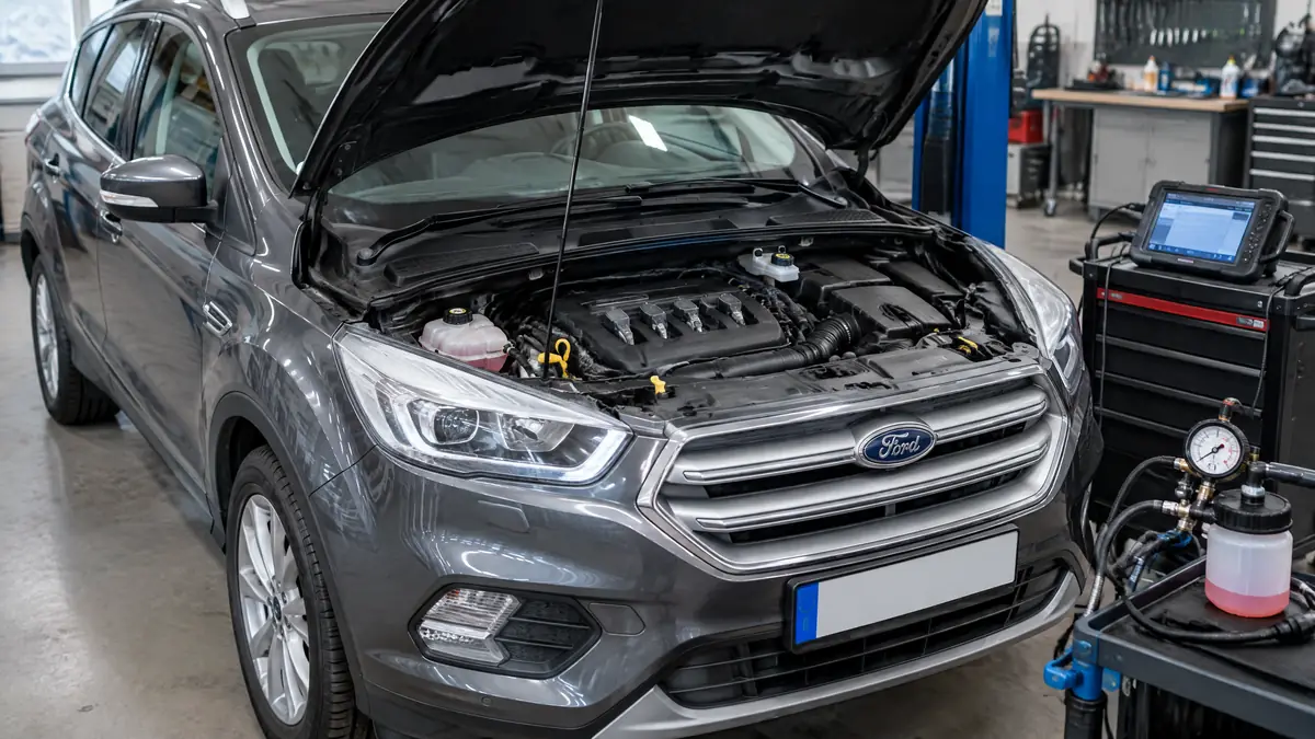 Ford mit geöffnetem Motorraum und Diagnose am 1.5 EcoBoost Vierzylinder