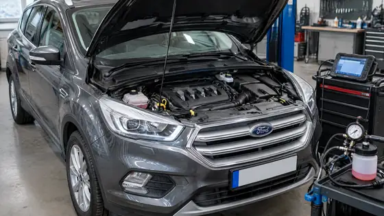 Ford mit geöffnetem Motorraum und Diagnose am 1.5 EcoBoost Vierzylinder