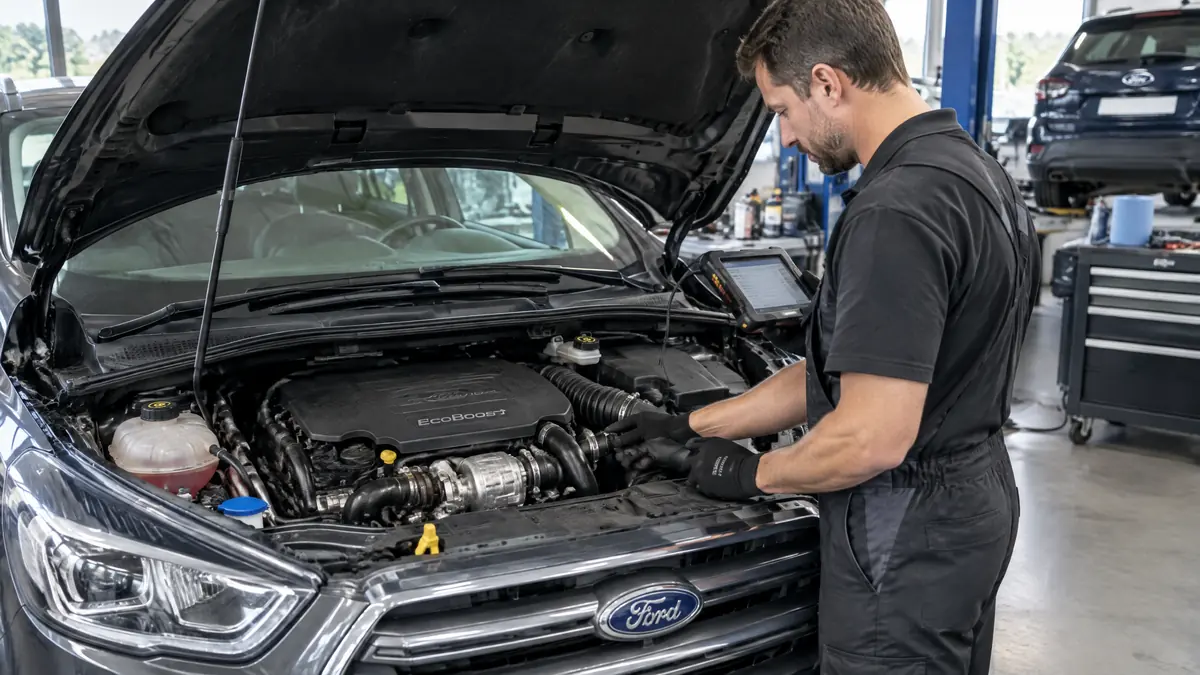 Mechaniker prüft den Motorraum eines Ford mit 1.5 EcoBoost Motor