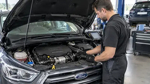 Mechaniker prüft den Motorraum eines Ford mit 1.5 EcoBoost Motor