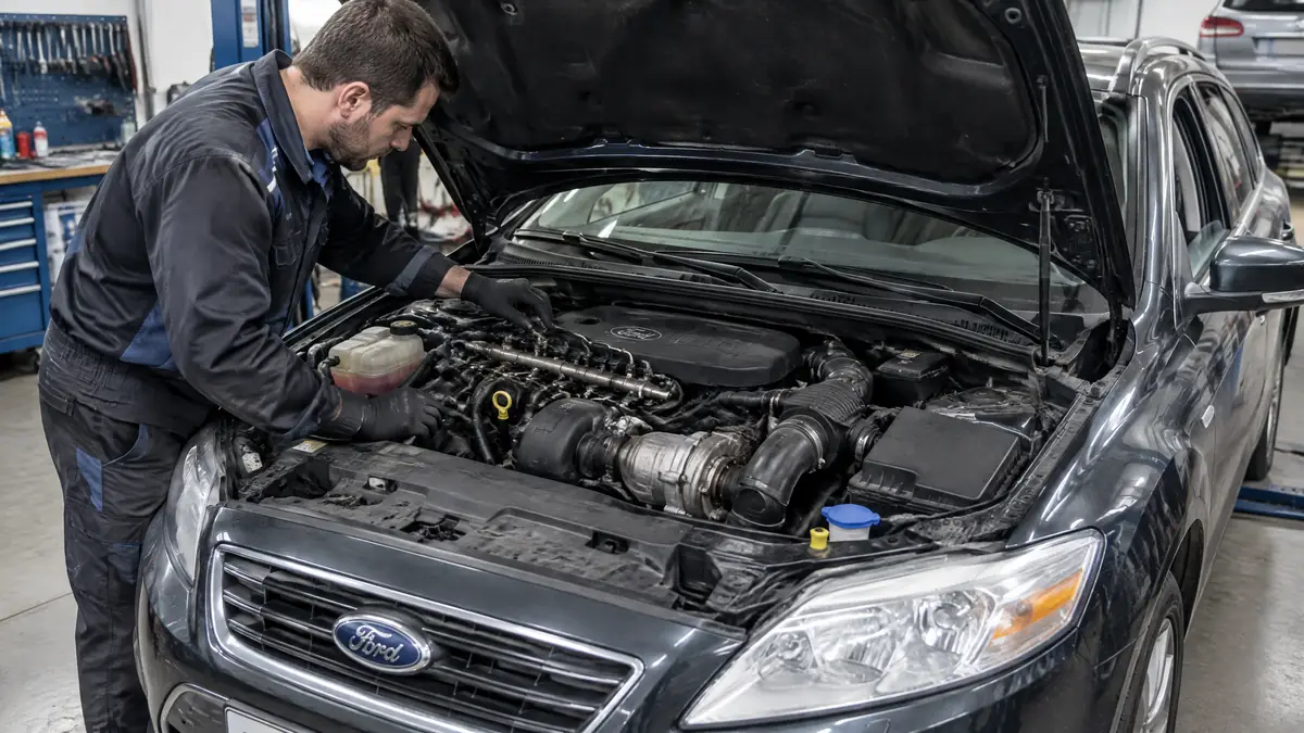 Ford 2.0 TDCi Dieselmotor bei der Prüfung in einer Werkstatt