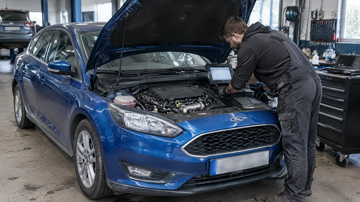 Ford Focus Dreizylinder bei der Motorprüfung in einer Werkstatt