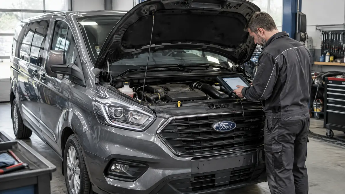 Ford Tourneo Custom mit geöffneter Motorhaube bei der Motorprüfung