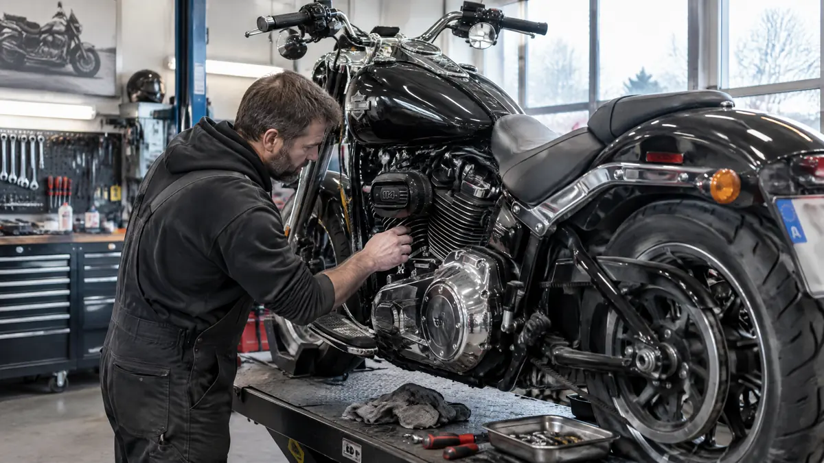 Harley-Davidson mit Milwaukee-Eight 114 Motor in einer Werkstatt