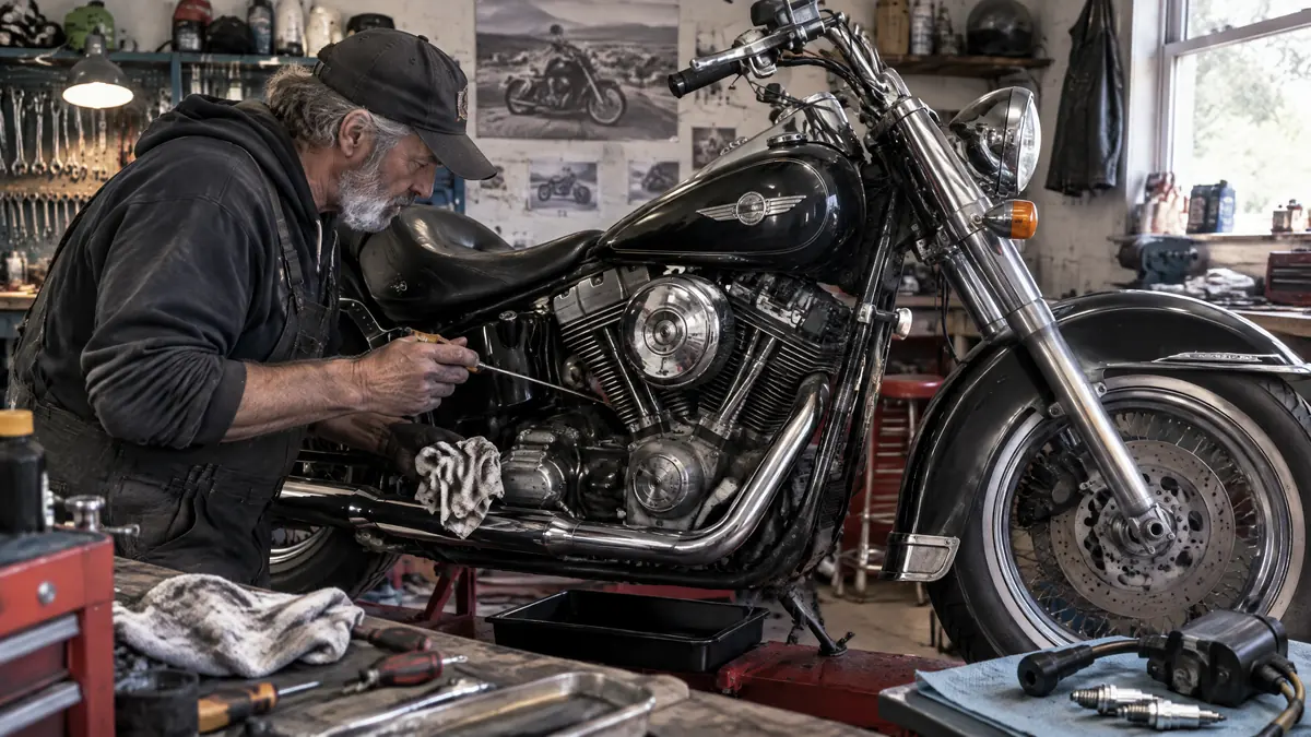 Harley-Davidson Evolution Motor bei der technischen Prüfung in einer Werkstatt
