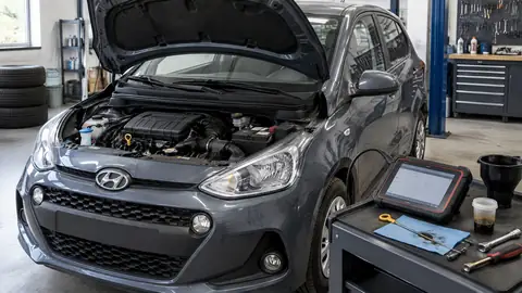 Hyundai i10 1.2 bei der Motorprüfung in einer Werkstatt