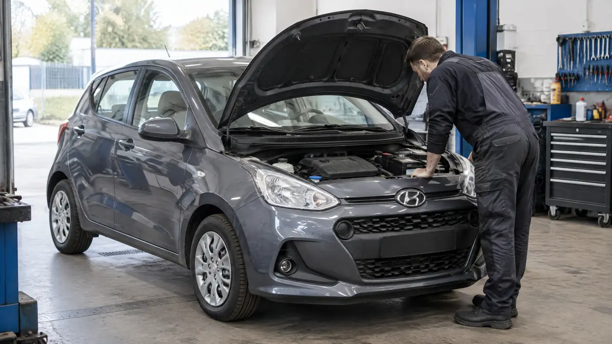 Hyundai i10 mit geöffneter Motorhaube bei der Motorprüfung