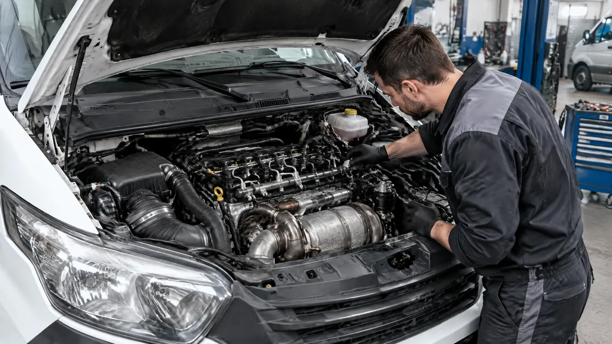 Iveco Daily mit 2,3-Liter-Dieselmotor in der Werkstatt