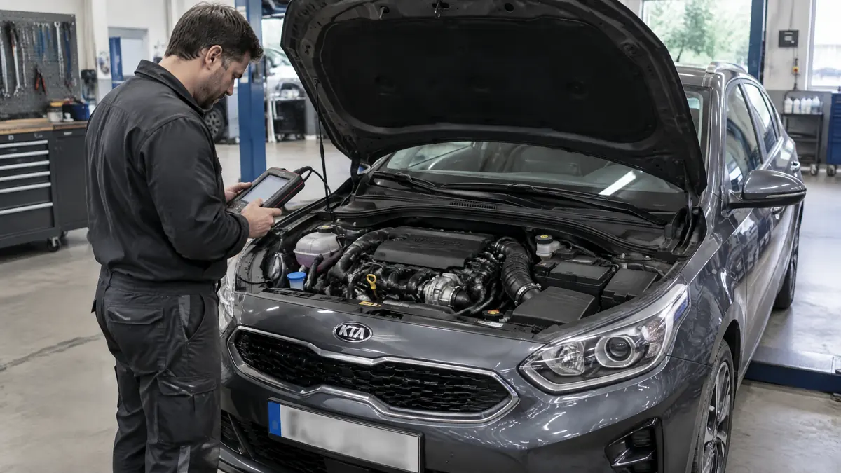 Kia Dreizylinder 1.0 T-GDI bei der Prüfung in einer Werkstatt