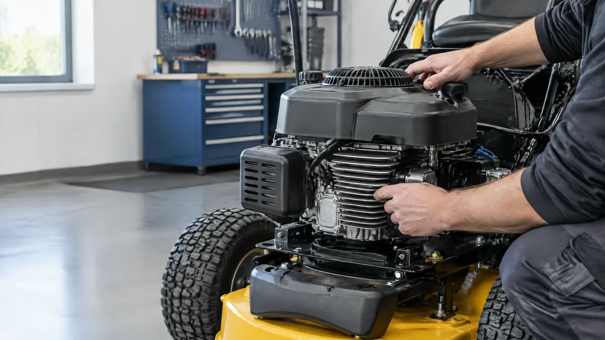 Kohler-Benzinmotor an einem Rasenmäher mit sichtbaren Kühlrippen