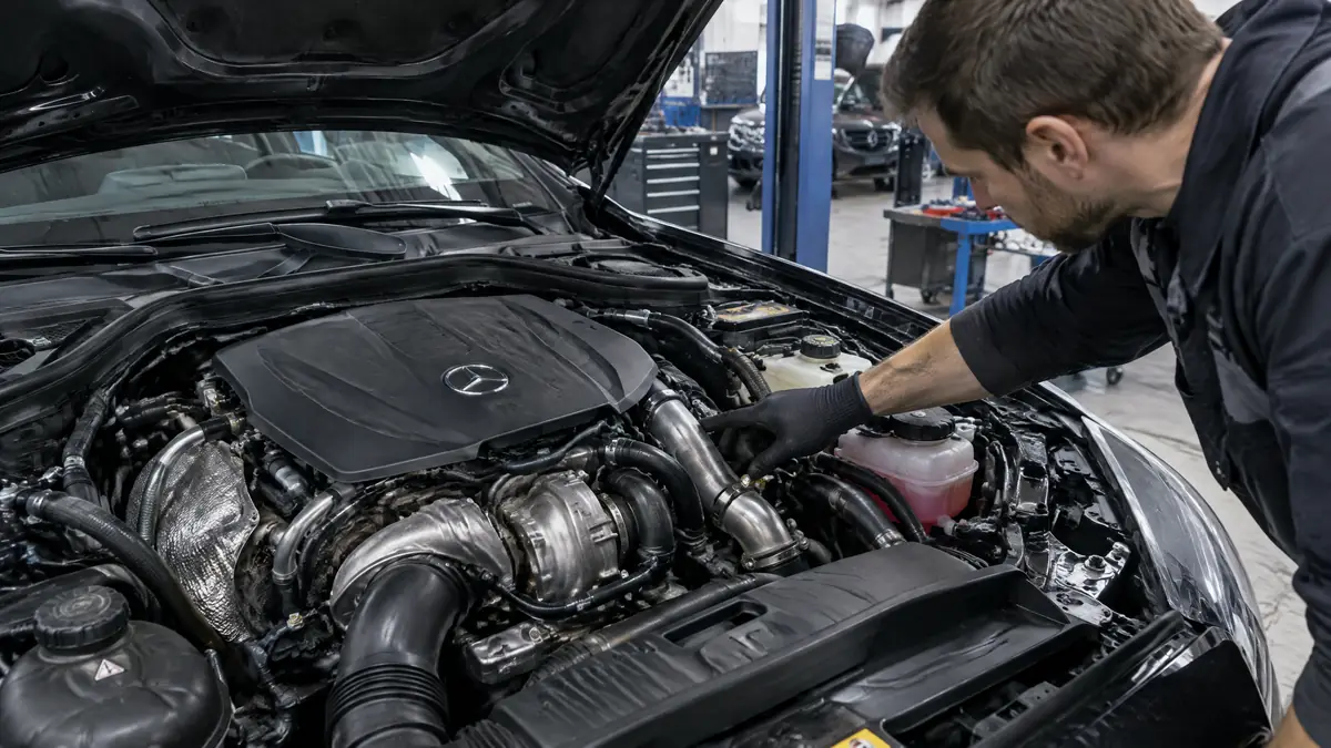 Mercedes-Benz M274-Vierzylinder in einer Werkstatt bei der Diagnose