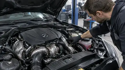 Mercedes-Benz M274-Vierzylinder in einer Werkstatt bei der Diagnose