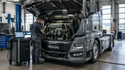 MAN D26 Dieselmotor im Motorraum eines Nutzfahrzeugs