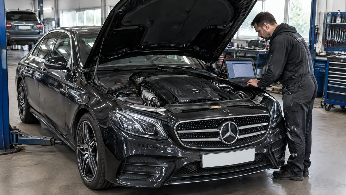 Mercedes 6-Zylinder-Diesel bei der Diagnose mit geöffneter Motorhaube